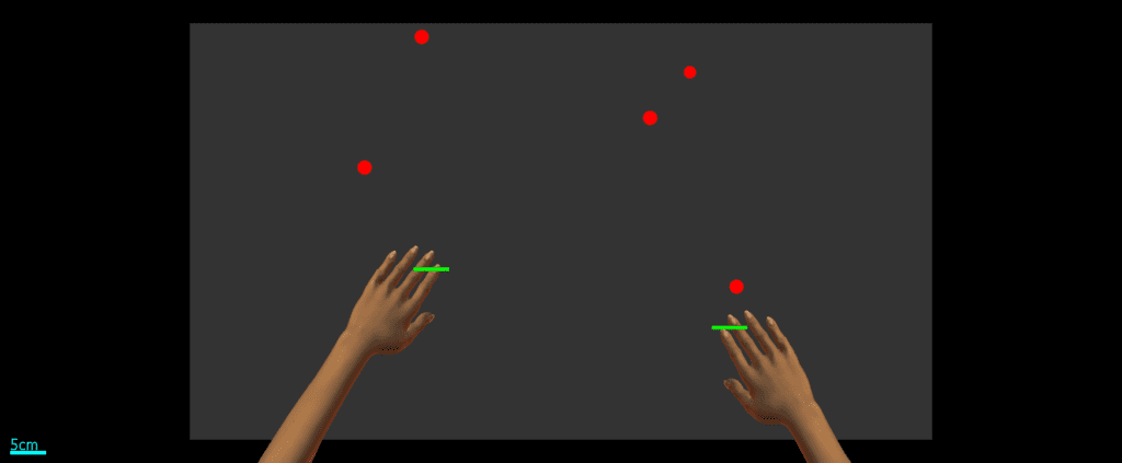 A screenshot from the Object-Hit task discussed in this article. A participant uses their arms to control two paddles and tries to hit falling objects in the virtual workspace.