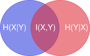 Illustrating the Variation of Information with a Venn diagram. The isolated part of each circle is the conditional entropy for each partition and the intersection is the mutual information of the two partitions.