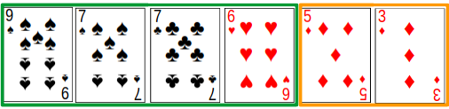 A player's decision to throw 2 cards from their hand of 6 into the crib during a game of cribbage is illustrated.