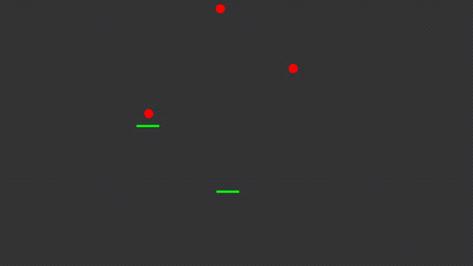 A still image from the Object-Hit task. Two green paddles, controlled by the participant, are shown as three red targets created by the task are falling "down" the virtual workspace.